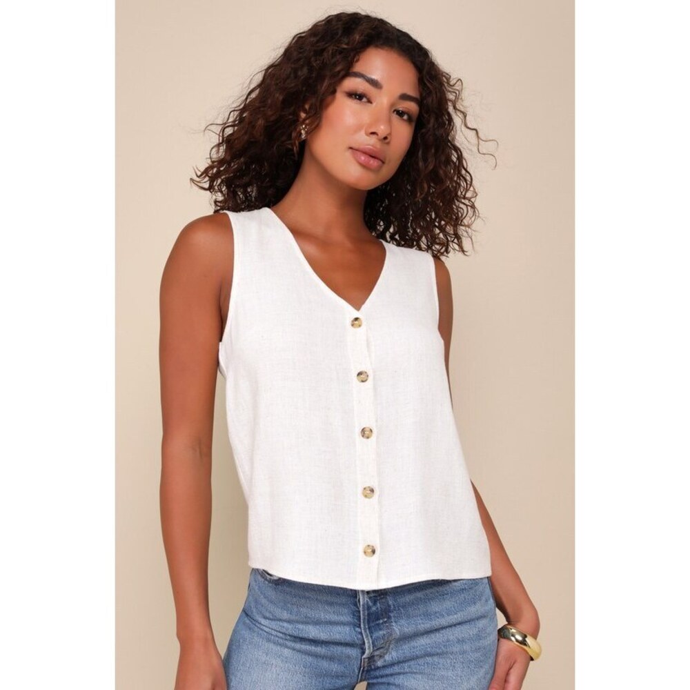 Lulus Casually Sophisticated Beige Linen Sleeveless Button-front Top - Size L